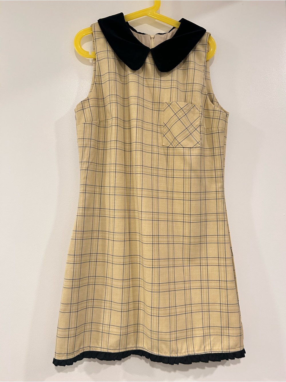 Butter Yellow Plaid Dress with Black Velvet Peter Pan Collar(Girl 160cm/Women S)